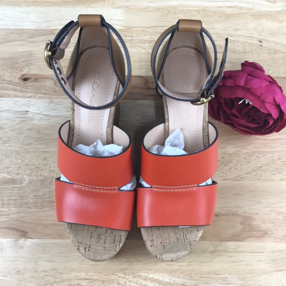 Coach Geranium/Light Saddle Leather Wedge Sandal 5.5 - Picture 2 of 8
